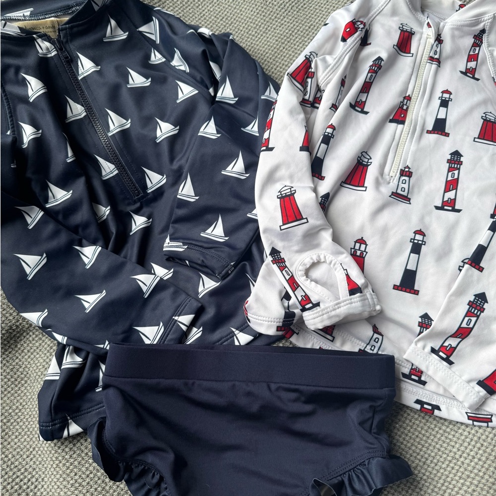 Sailboat and Lighthouse Kids Rashguard Set - Navy and White